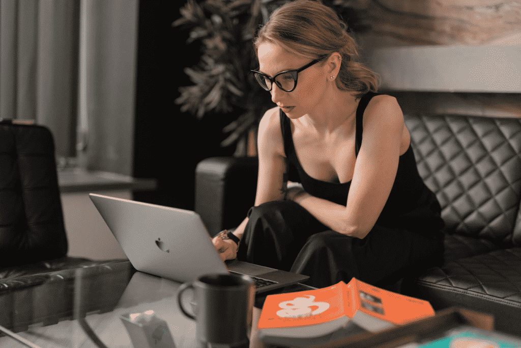 Woman researching on laptop