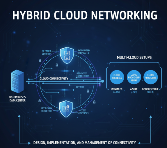 Diagram of hybrid cloud networking showing on-premises data center connected to multiple cloud providers