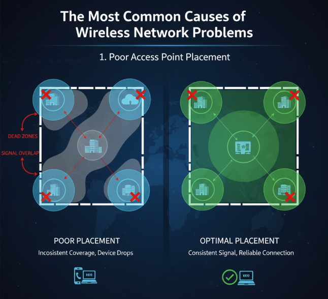 Diagram showing poor vs. optimal access point placement in an office floor plan