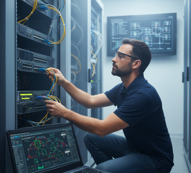 Network engineer configuring a switch in a server room with monitoring dashboards