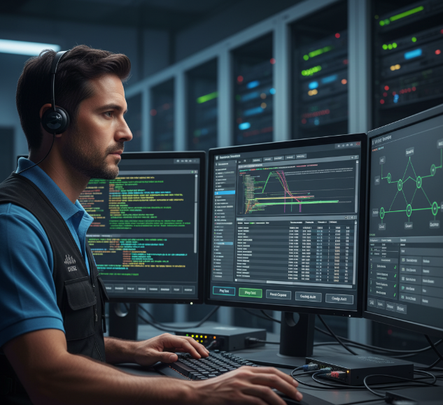 Network engineer performing packet capture and network diagnostics on a multi-site network